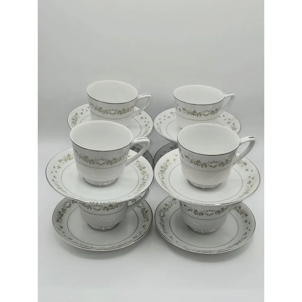 Berkeley House June Bride 6150 Japan 8 Cup & Saucer Sets Fine China Silver Trim